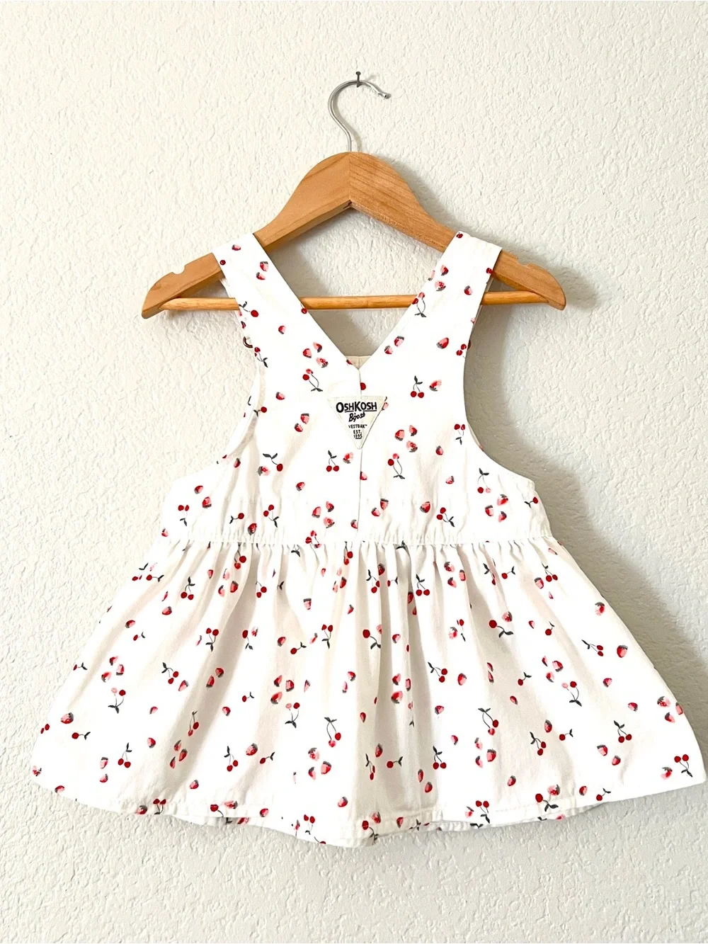 OshKosh B’gosh Overall Jumper Dress Girls 18M White Cherries Strawberries Print